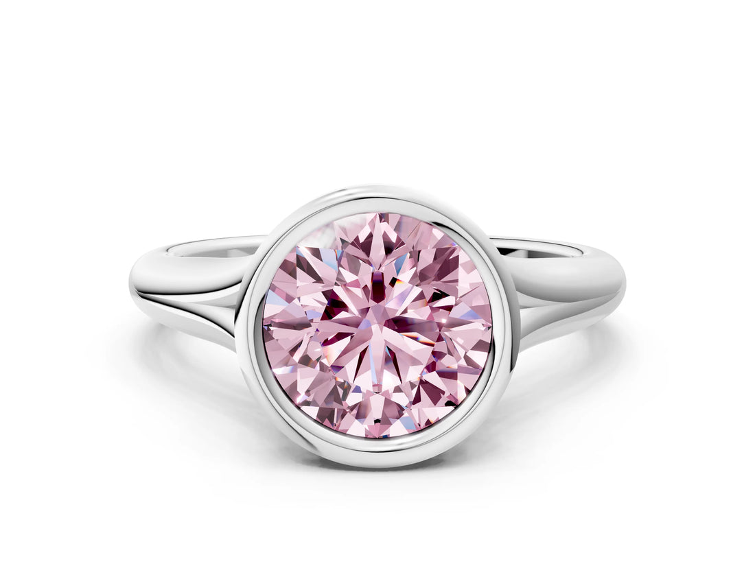 Silver Bezel Set Fancy Pink Round  Solitaire Diamond Ring with Smooth Band