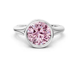 Silver Bezel Set Fancy Pink Round  Solitaire Diamond Ring with Smooth Band