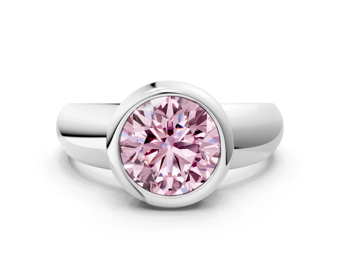Silver Bezel Set Fancy Pink Round  Solitaire Ring with Wide Band 1