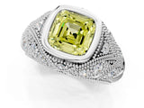 Silver Bezel Set Fancy Yellow Asscher Cut Diamond Milgrain Band Ring_13