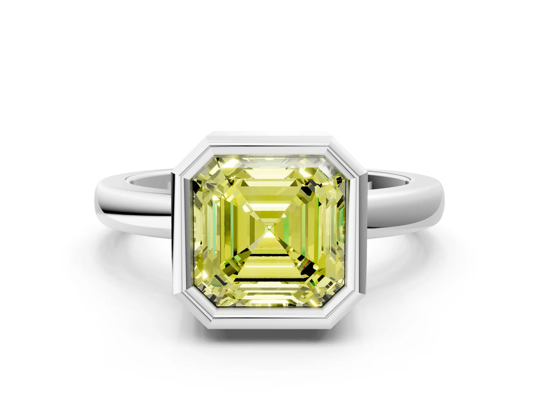Silver Bezel Set Fancy Yellow Asscher Cut Solitaire Engagement Ring with Classic Band_6