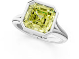 Silver Bezel Set Fancy Yellow Asscher  Solitaire Diamond Ring with Smooth Band 2