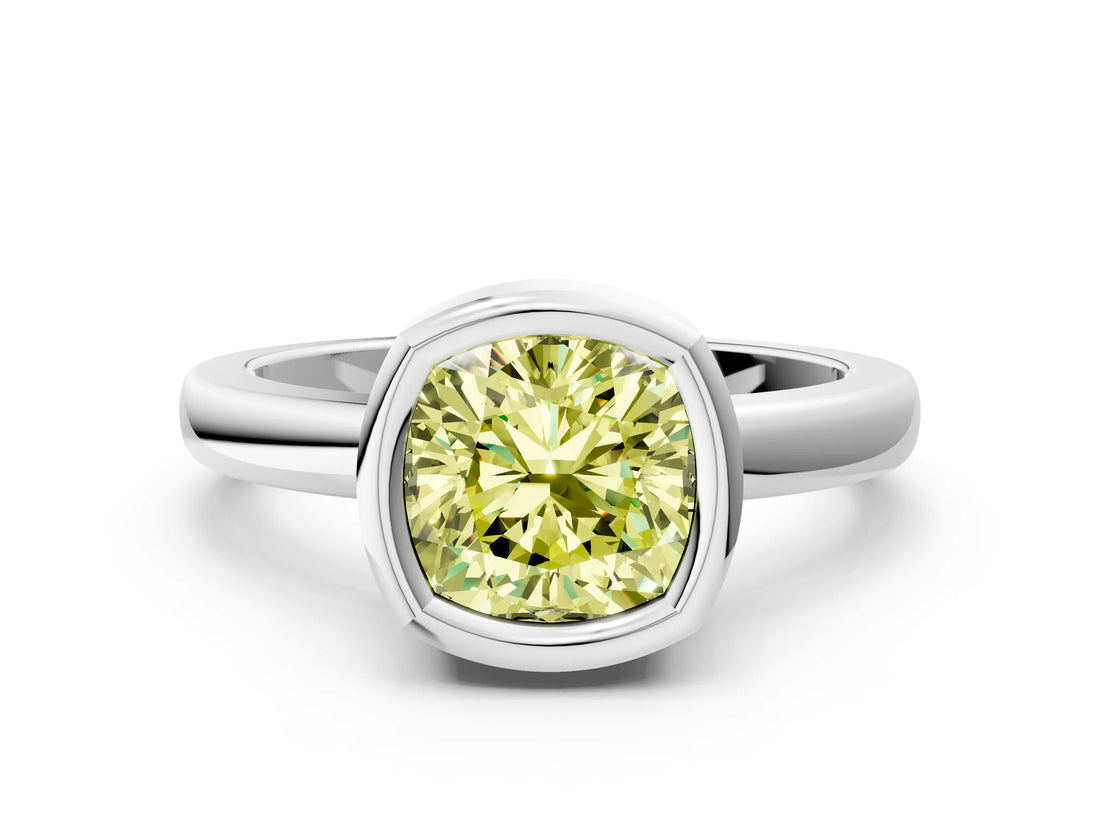 Silver Bezel Set Fancy Yellow Cushion Cut Solitaire Engagement Ring with Classic Band_6