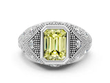 Silver Bezel Set Fancy Yellow Emerald Cut Diamond Milgrain Band Ring_6