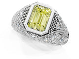 Silver Bezel Set Fancy Yellow Emerald Cut Diamond Milgrain Band Ring_7