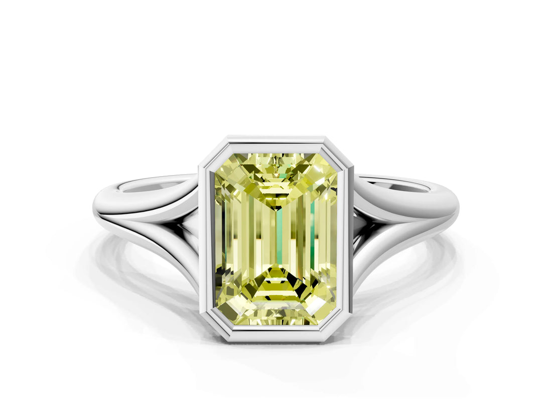 Silver Bezel Set Fancy Yellow Emerald  Cut Solitaire Ring with Tapered Band