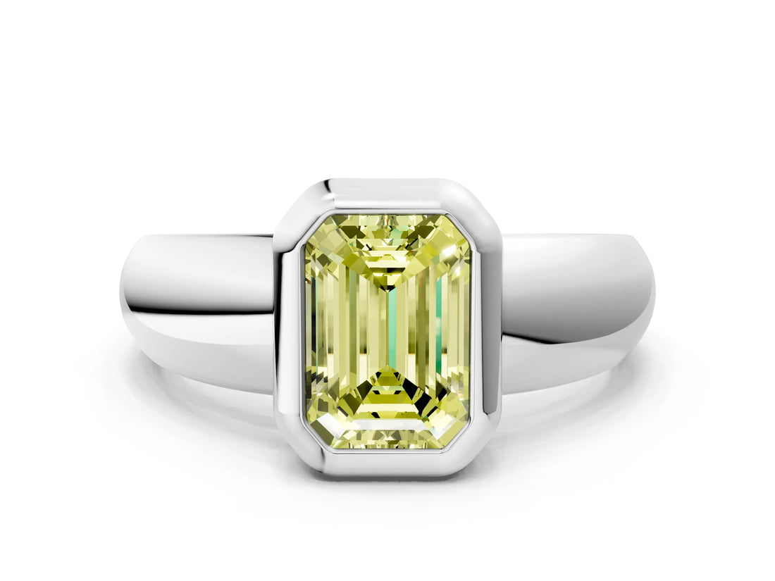 Silver Bezel Set Fancy Yellow Emerald  Solitaire Ring with Wide Band 1