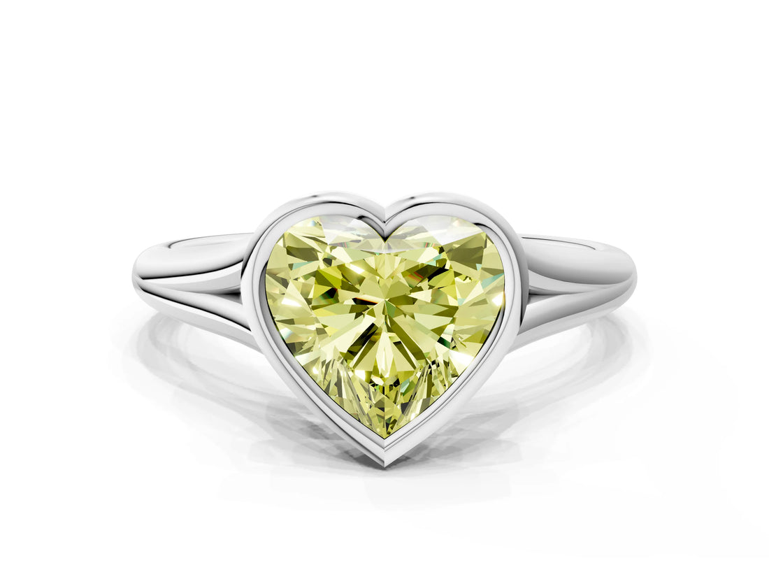 Silver Bezel Set Fancy Yellow Heart  Cut Solitaire Ring with Tapered Band
