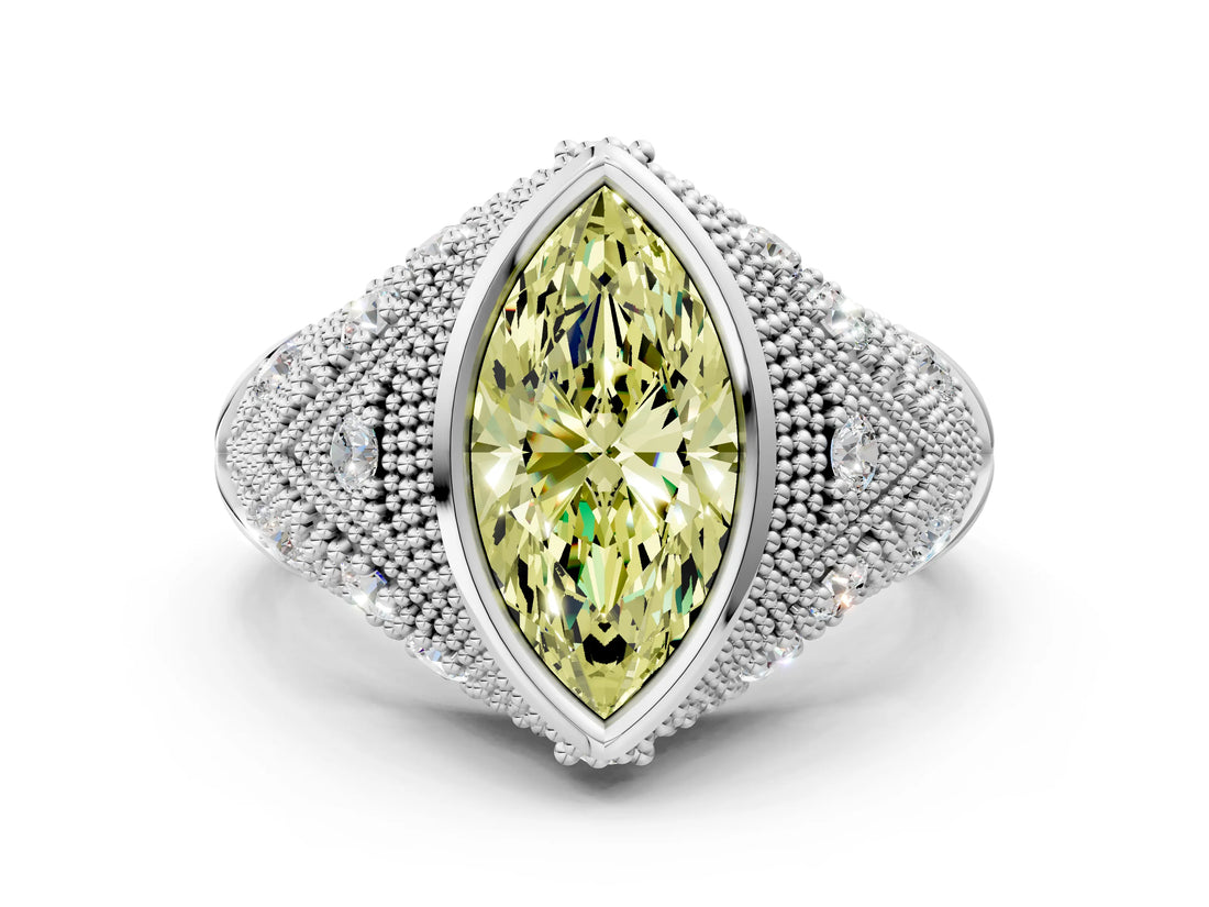 Silver Bezel Set Fancy Yellow Marquise Cut Diamond Milgrain Band Ring_12