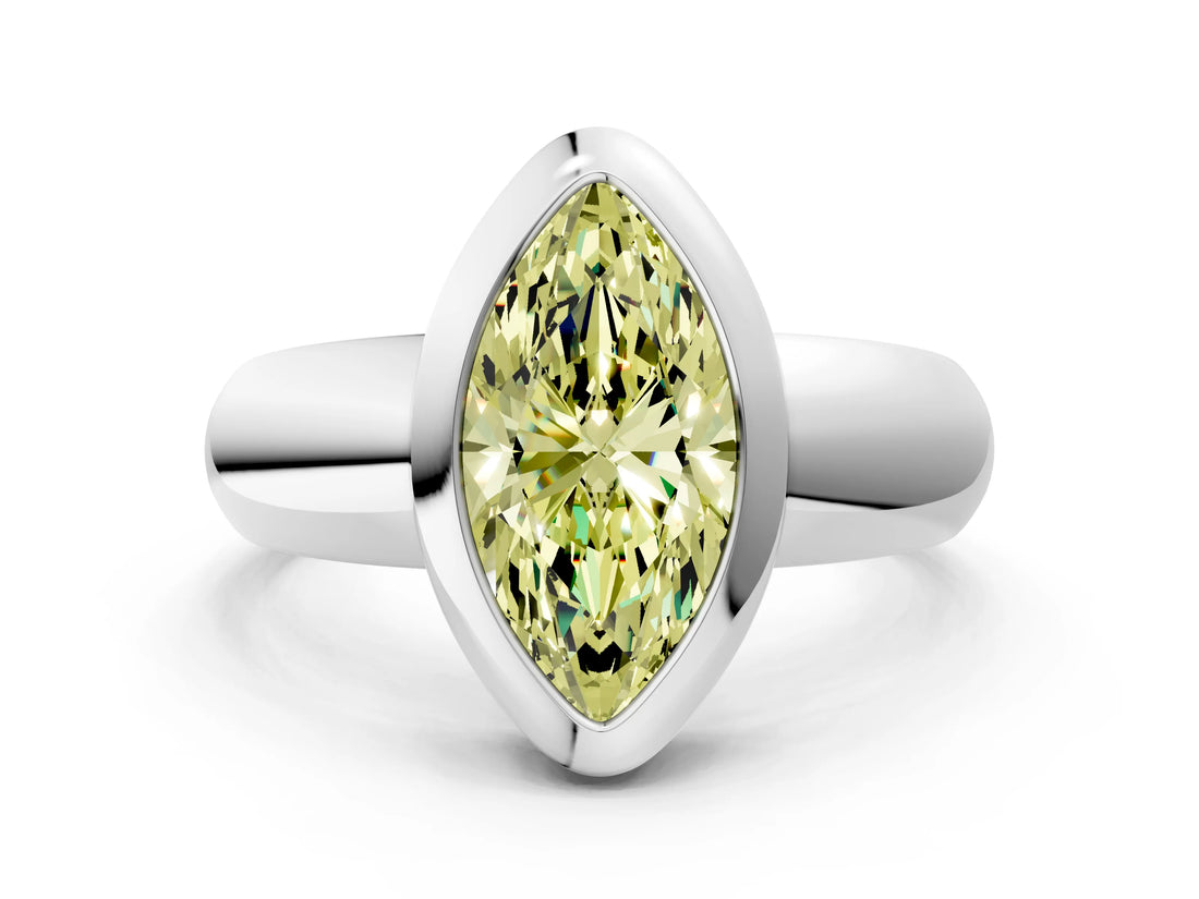 Silver Bezel Set Fancy Yellow Marquise  Solitaire Ring with Wide Band 1