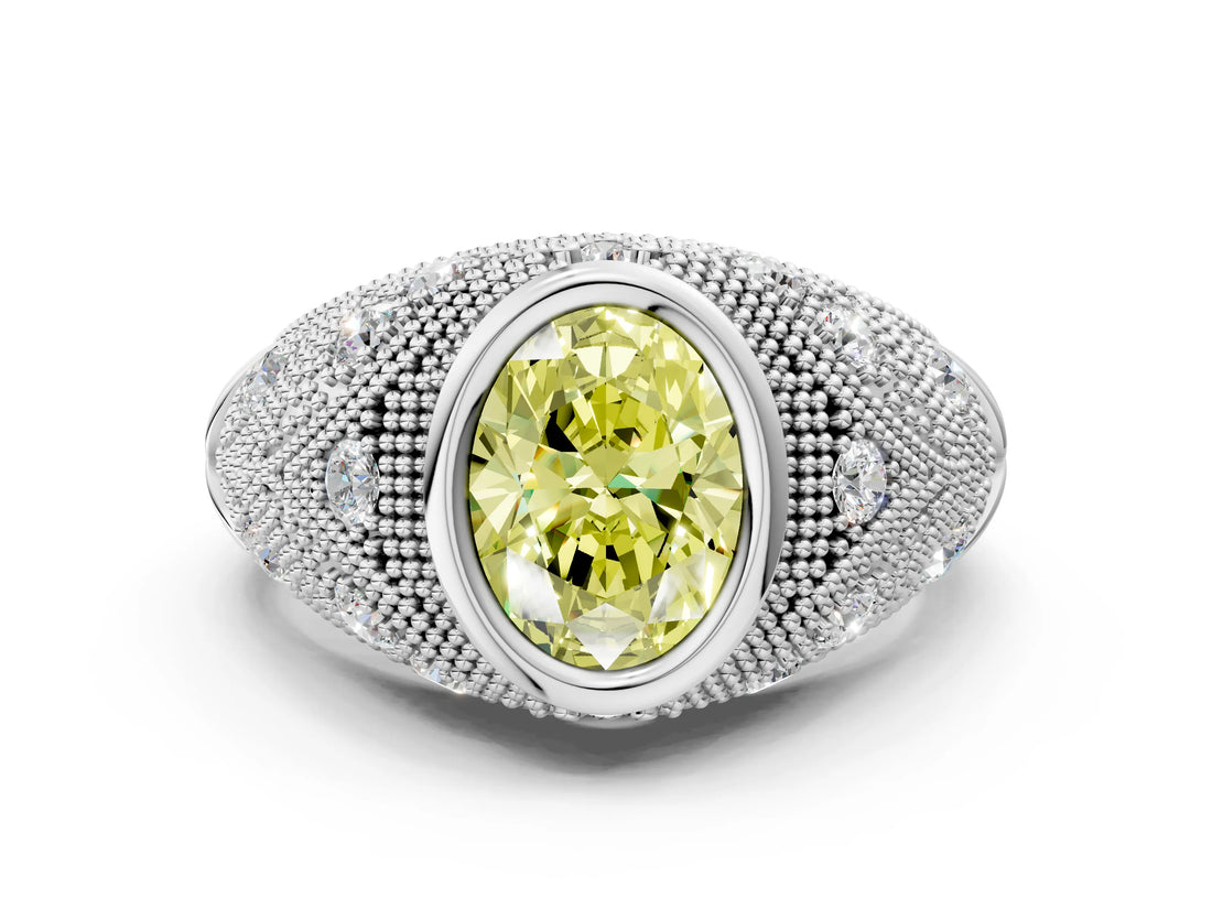 Silver Bezel Set Fancy Yellow Oval Cut Diamond Milgrain Band Ring_6
