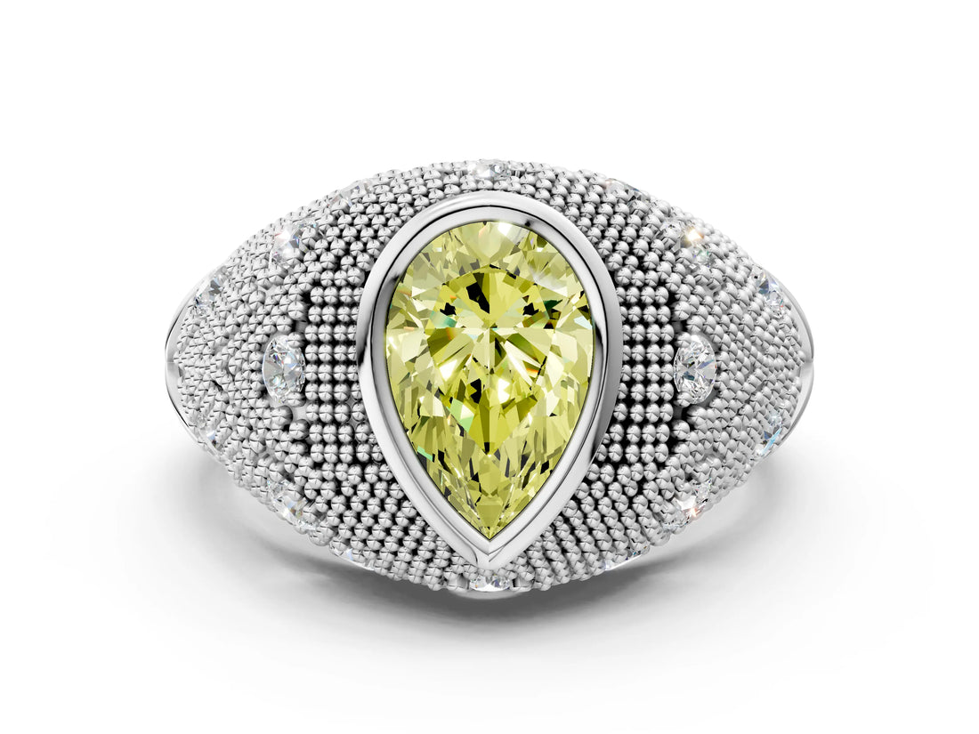 Silver Bezel Set Fancy Yellow Pear Cut Diamond Milgrain Band Ring_12