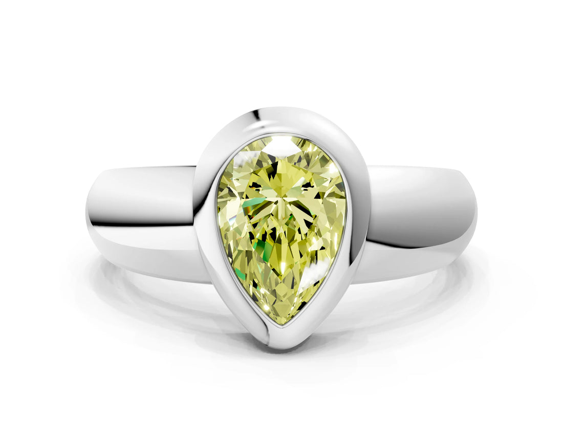 Silver Bezel Set Fancy Yellow Pear  Solitaire Ring with Wide Band