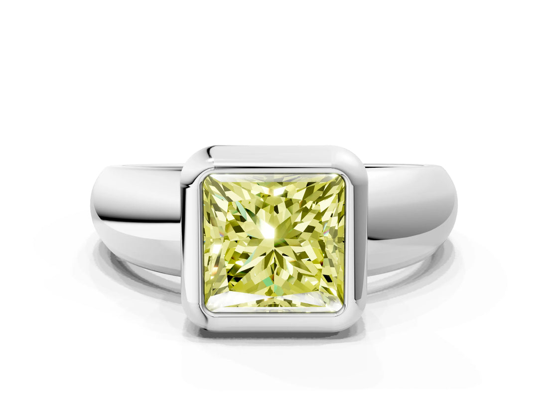 Silver Bezel Set Fancy Yellow Princess  Solitaire Ring with Wide Band
