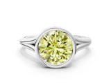 Silver Bezel Set Fancy Yellow Round  Cut Solitaire Ring with Tapered Band