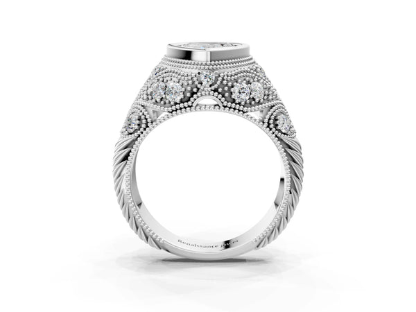 Sterling Silver Heart-Shaped Vintage Bezel Engagement Ring Setting with Beaded Milgrain Shoulders