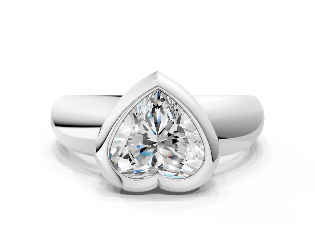 Silver Bezel Set Heart Solitaire Ring with Wide Band 1