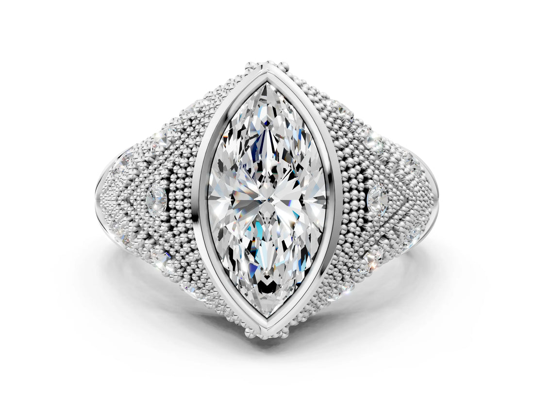 Silver Bezel Set Marquise Cut Diamond Milgrain Band Ring_13