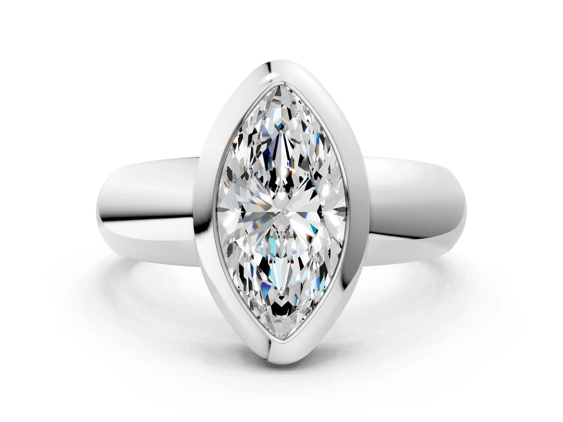 Silver Bezel Set Marquise Solitaire Ring with Wide Band 1