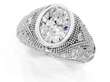 Silver Bezel Set Oval Cut Diamond Milgrain Band Ring_14