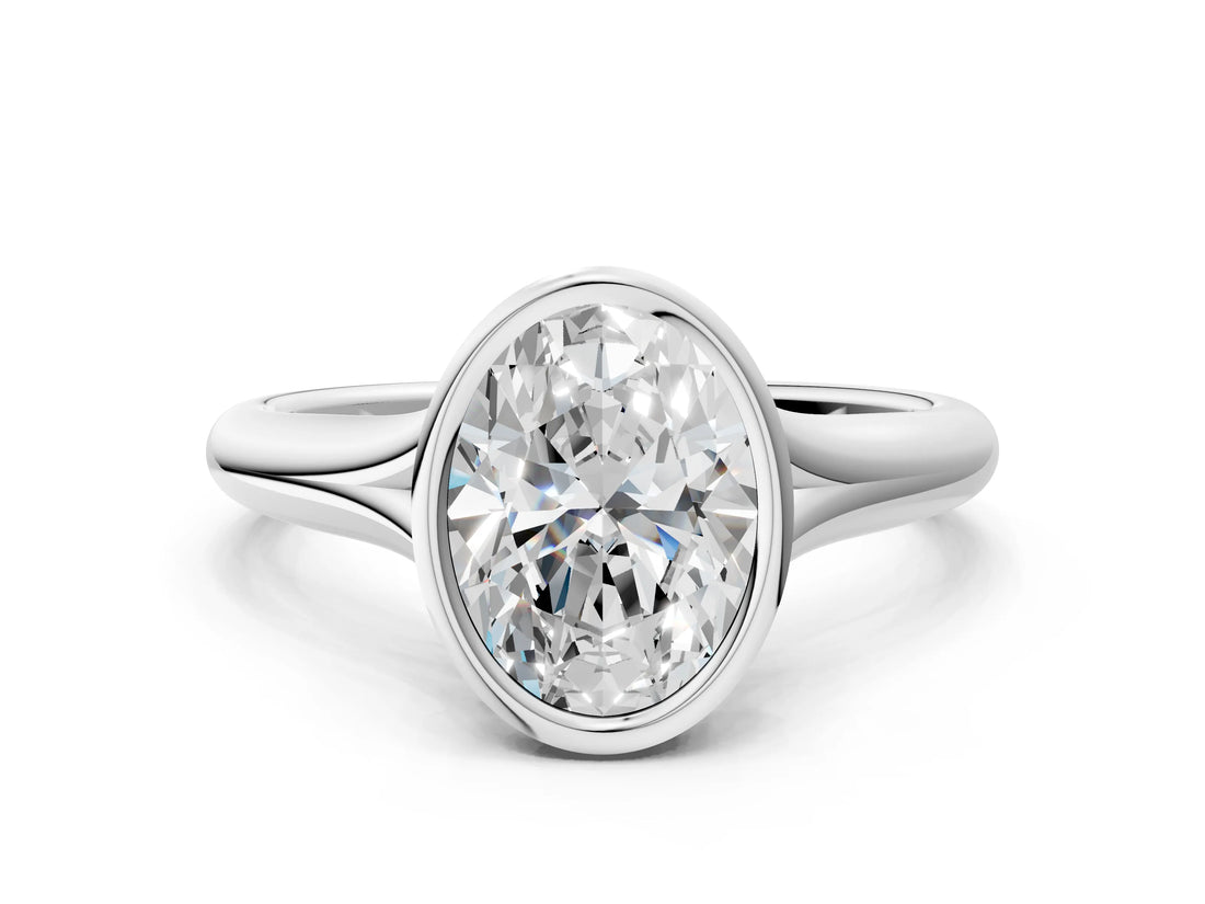 Silver Bezel Set Oval Solitaire Diamond Ring with Smooth Band
