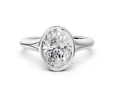 Silver Bezel Set Oval Solitaire Diamond Ring with Smooth Band