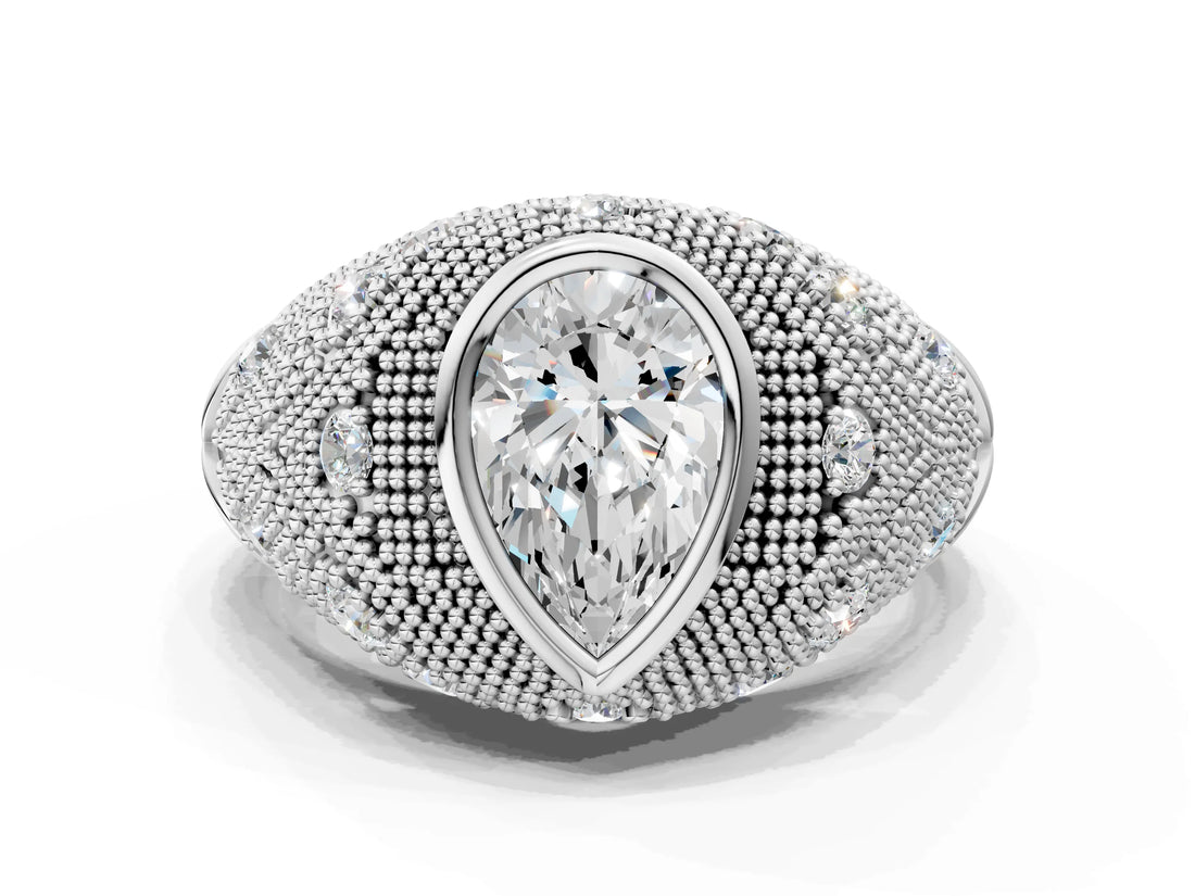 Silver Bezel Set Pear Cut Diamond Milgrain Band Ring_13