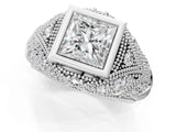 Silver Bezel Set Princess Cut Diamond Milgrain Band Ring_14