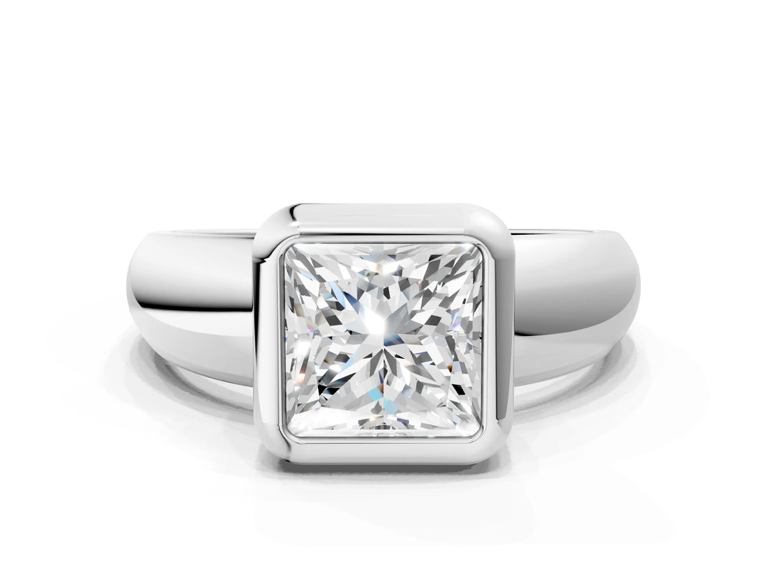 Silver Bezel Set Princess Solitaire Ring with Wide Band