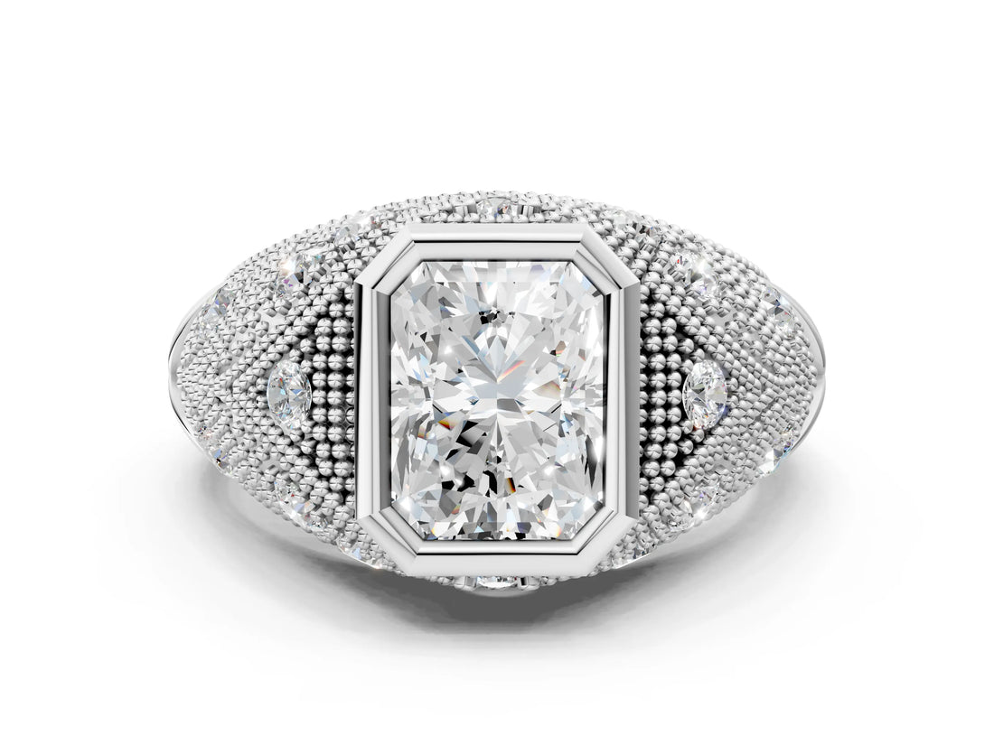 Silver Bezel Set Radiant Cut Diamond Milgrain Band Ring_13