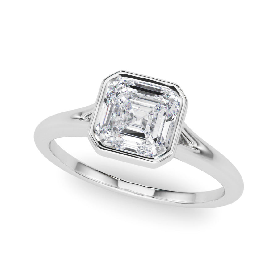White gold Cushion Diamond Solitaire Ring with Bezel Setting and Classic Band