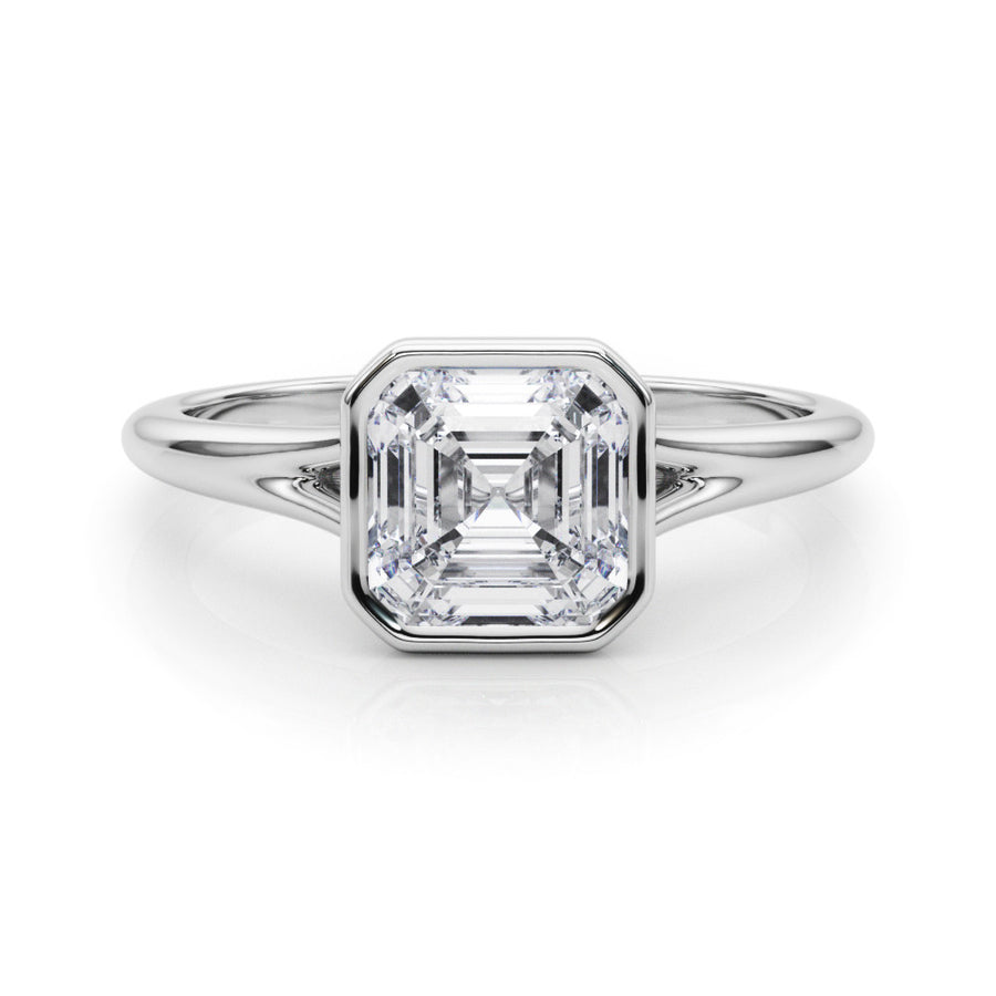 White gold Cushion Diamond Solitaire Ring with Bezel Setting and Classic Band