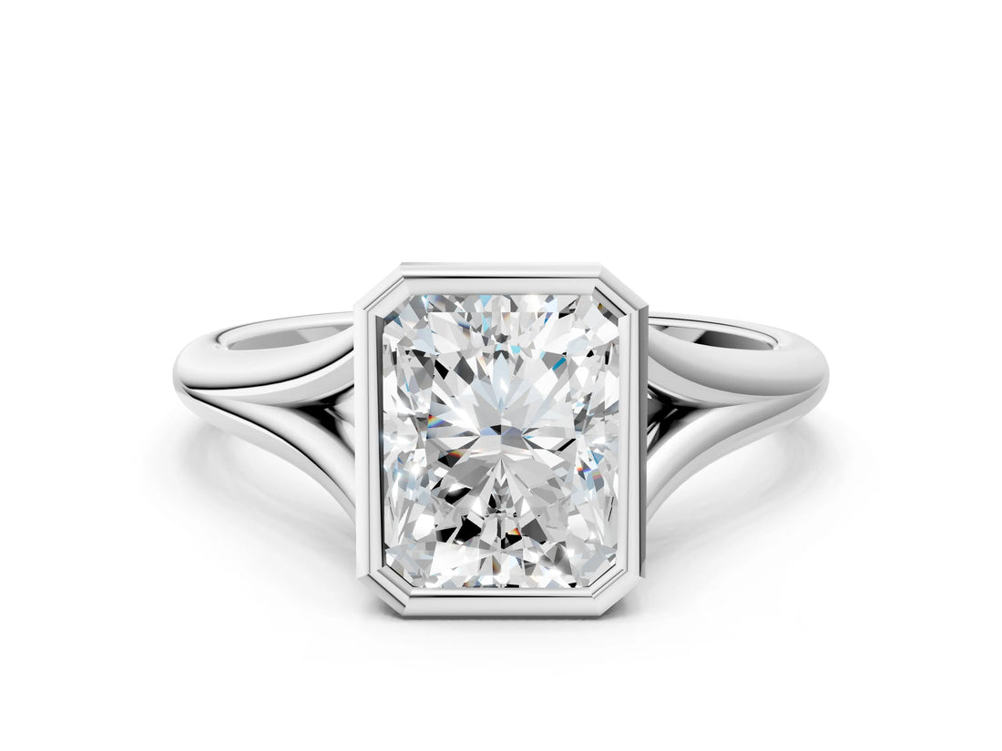 Silver Bezel Set Radiant Cut Solitaire Ring with Tapered Band