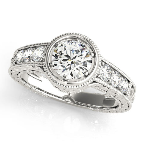 Silver Bezel Set Round Diamond Milgrain Pave Engagement Ring 2