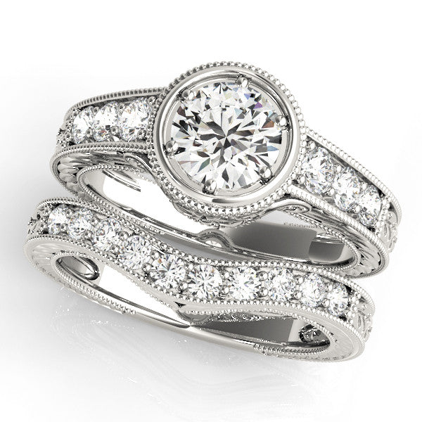 Silver Bezel Set Round Diamond Milgrain Pave Engagement Ring