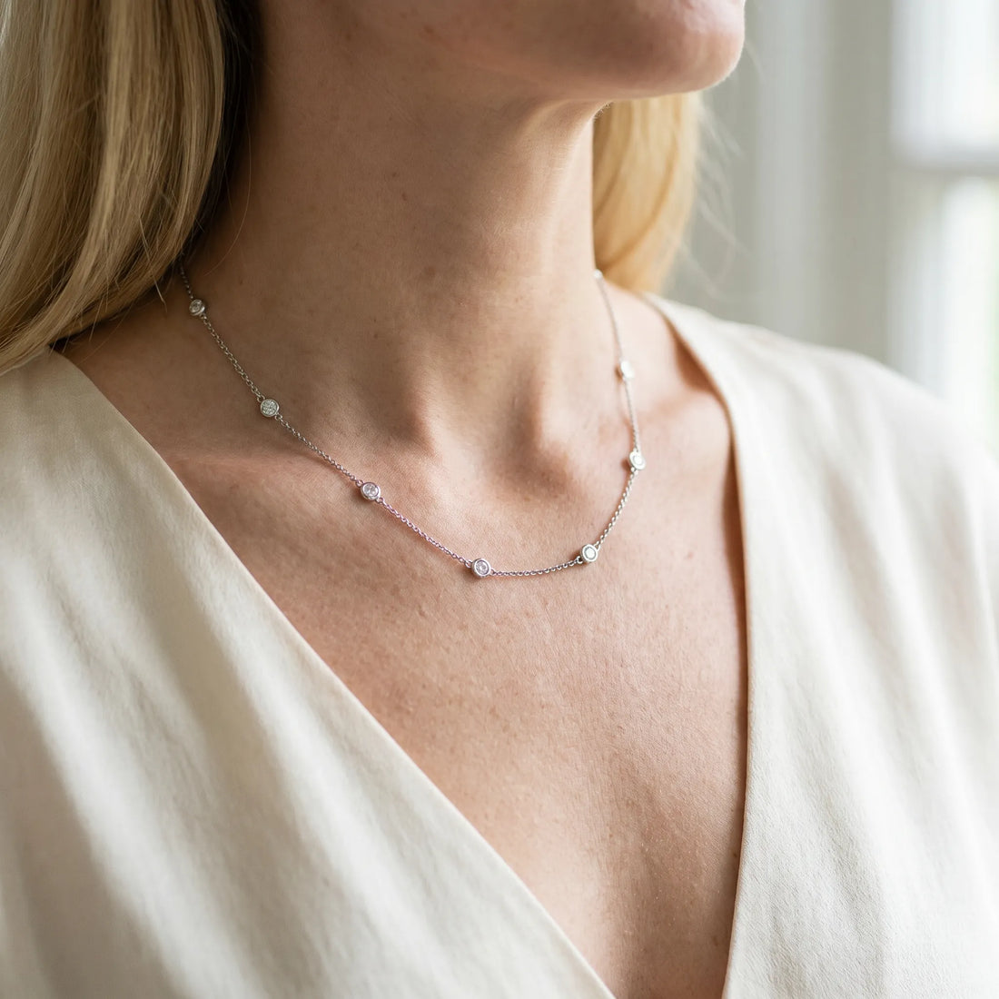 Silver Bezel-Set Round Diamond Station Necklace with Cable Chain_4