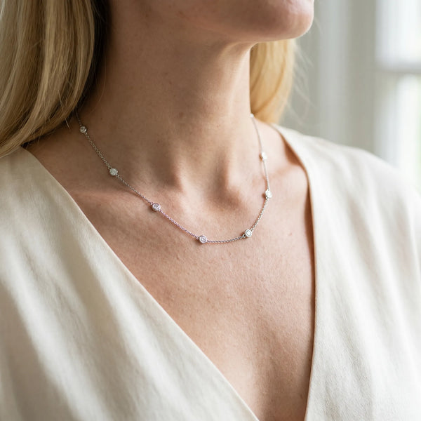 White gold Bezel-Set Round Diamond Station Necklace with Cable Chain