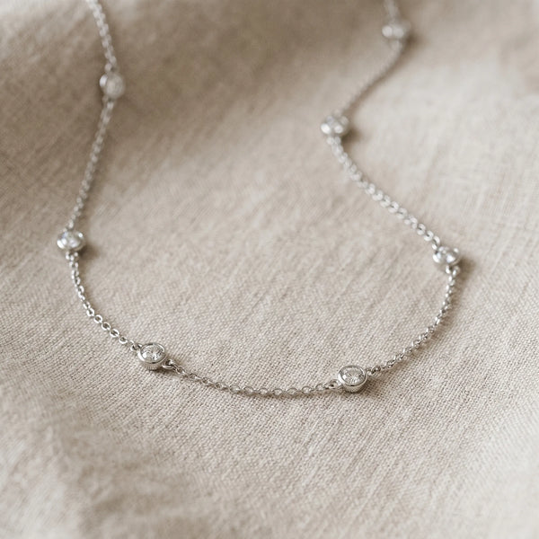 Silver Bezel-Set Round Diamond Station Necklace with Cable Chain