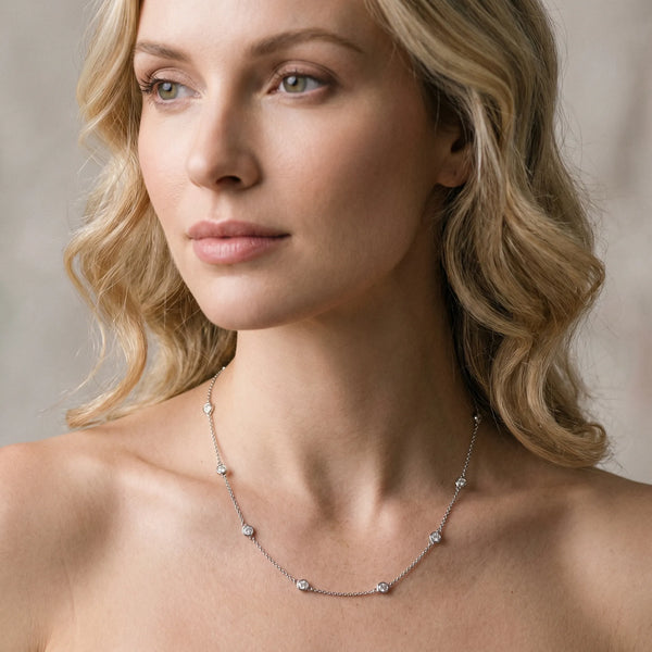 White gold Bezel-Set Round Diamond Station Necklace with Cable Chain