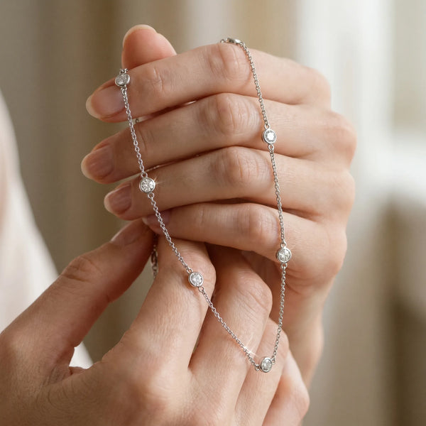 White gold Bezel-Set Round Diamond Station Necklace with Cable Chain
