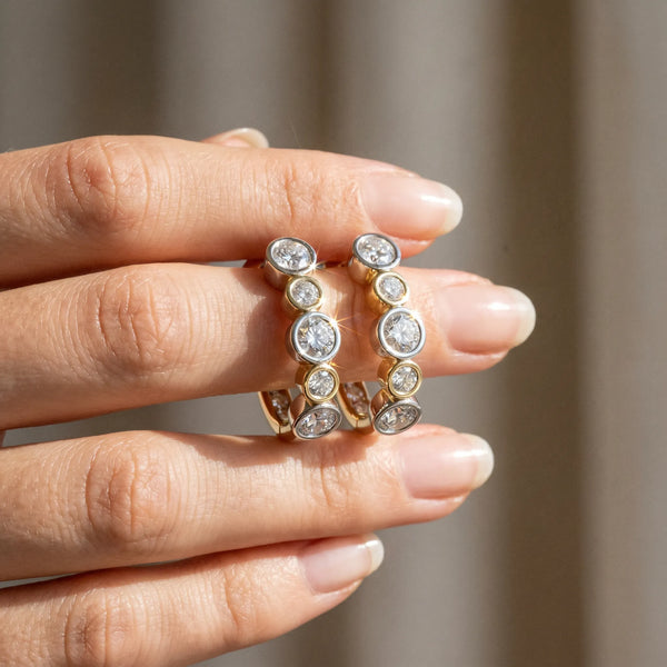 Silver Channel-Set Round Diamond Two-Tone Hoop Earrings with Claw Prong Setting