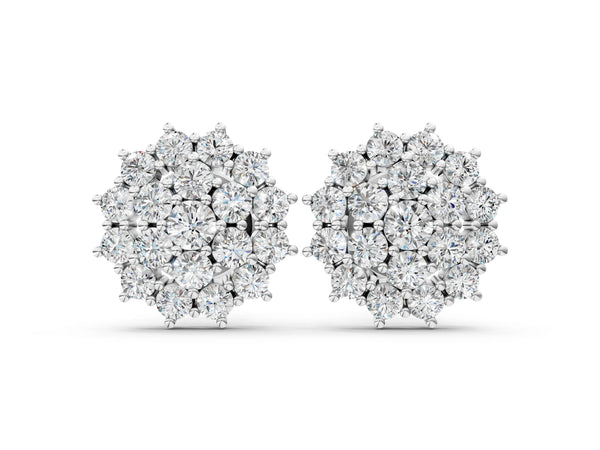 Silver Cluster Diamond Round Stud Earrings with Basket Setting