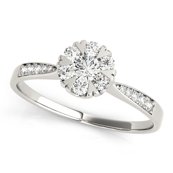 White gold Cluster Round Diamond Pavé Band Flower Prong Setting Ring