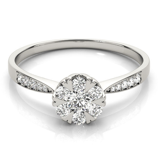 White gold Cluster Round Diamond Pavé Band Flower Prong Setting Ring