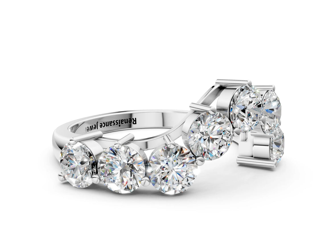 Silver Curved Diamond Cluster Band - Round Stones, Split Shank, Prong Setting_24