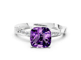 Silver Cushion Cut Amethyst Engagement Ring with Side Stone Accents and Four-Prong Setting_12