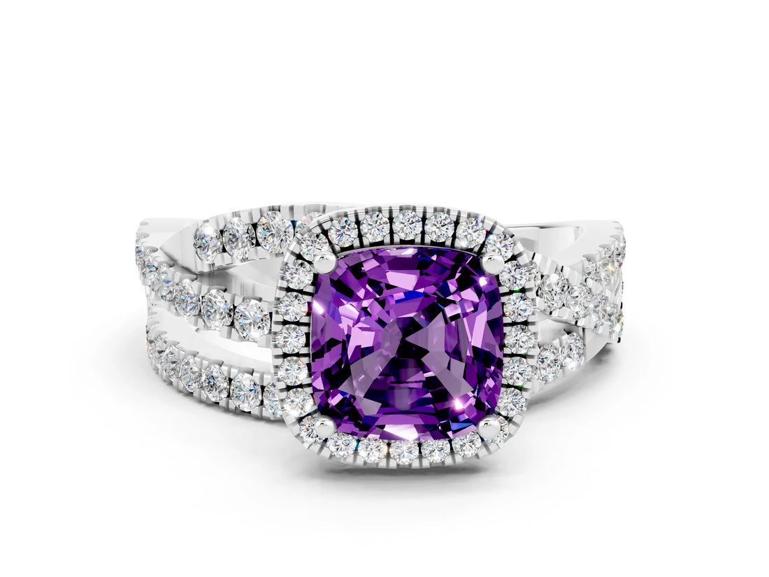 Silver Cushion Cut Amethyst Halo Ring with Round Split Shank and Prong Setting_66