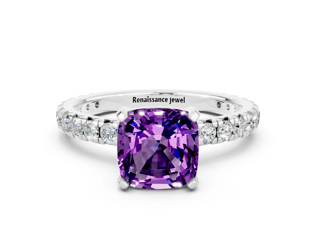 Silver Cushion Cut Amethyst Pavé Solitaire Ring with Round Band and Prong Setting_42