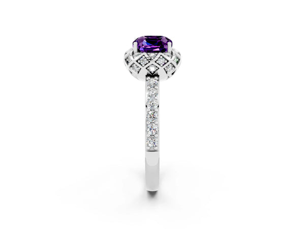 Silver Cushion Cut Amethyst Scalloped Halo Engagement Ring with Round Shared Prong Band