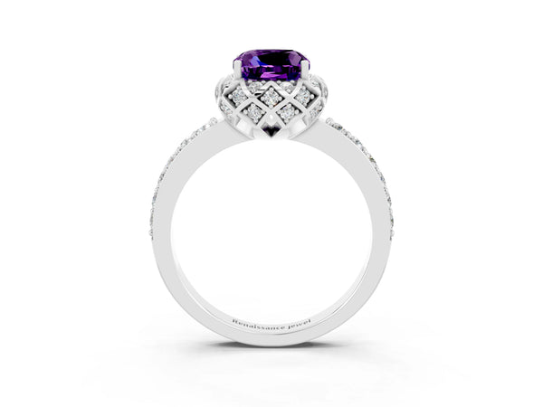 Silver Cushion Cut Amethyst Scalloped Halo Engagement Ring with Round Shared Prong Band